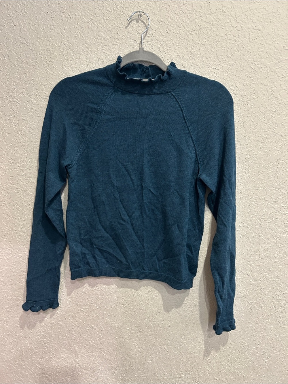 Free People Teal Ruffle Mock-Neck Long Sleeve Top